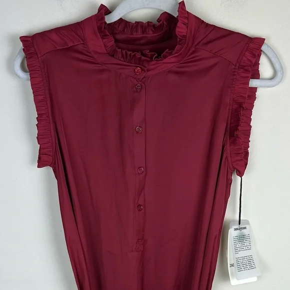 Zadig & Voltaire Feminine Lightweight Raos Satin Ruffle Midi Dress In Wine XS - Picture 10 of 16
